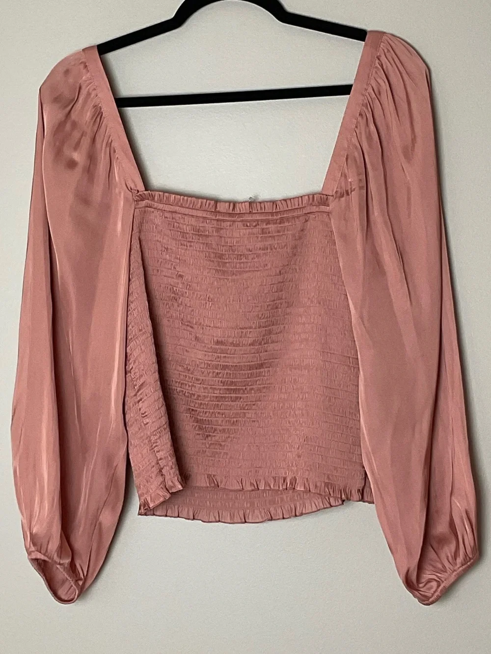 J. Crew Rose Pink Smocked Squareneck Satin Long Sleeve Cropped Top Large